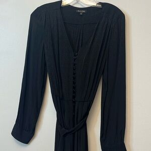 Massimo Dutti Black Long-Sleeve Button-Front V-Neck Dress